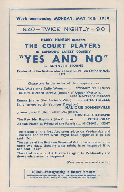 Yes & No Harry Hanson Kenneth Horne 1938 Nottingham Theatre Comedy Programme