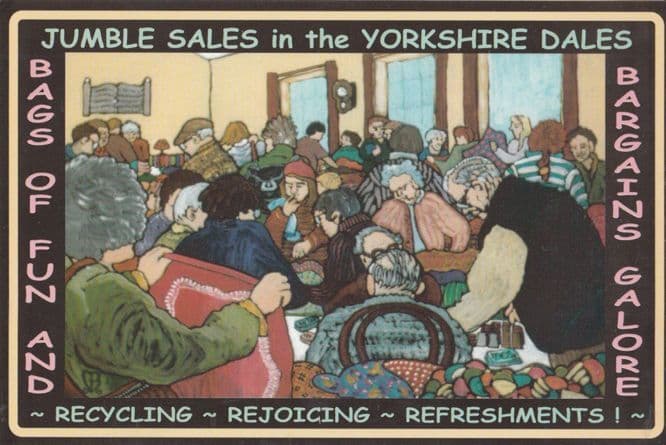 Yorkshire Dales Jumble Car Boot Type Recycling Sales Unique Cartoon Postcard