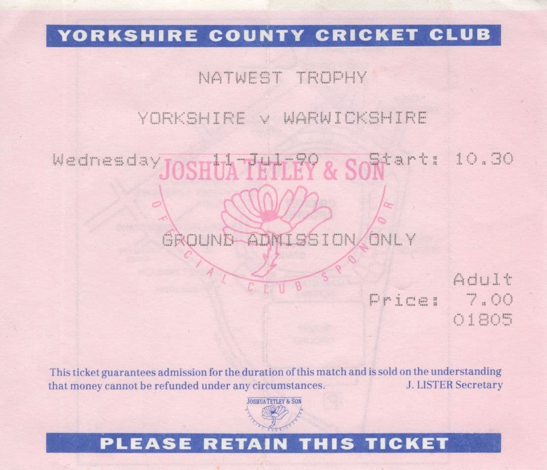 Yorkshire Vs Warwickshire Cricket 1990 Natwest Trophy Ticket