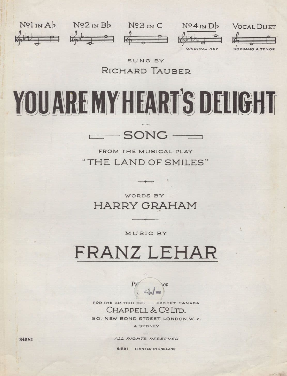 You Are My Hearts Delight Frank Lehar Richard Tauber Sheet Music