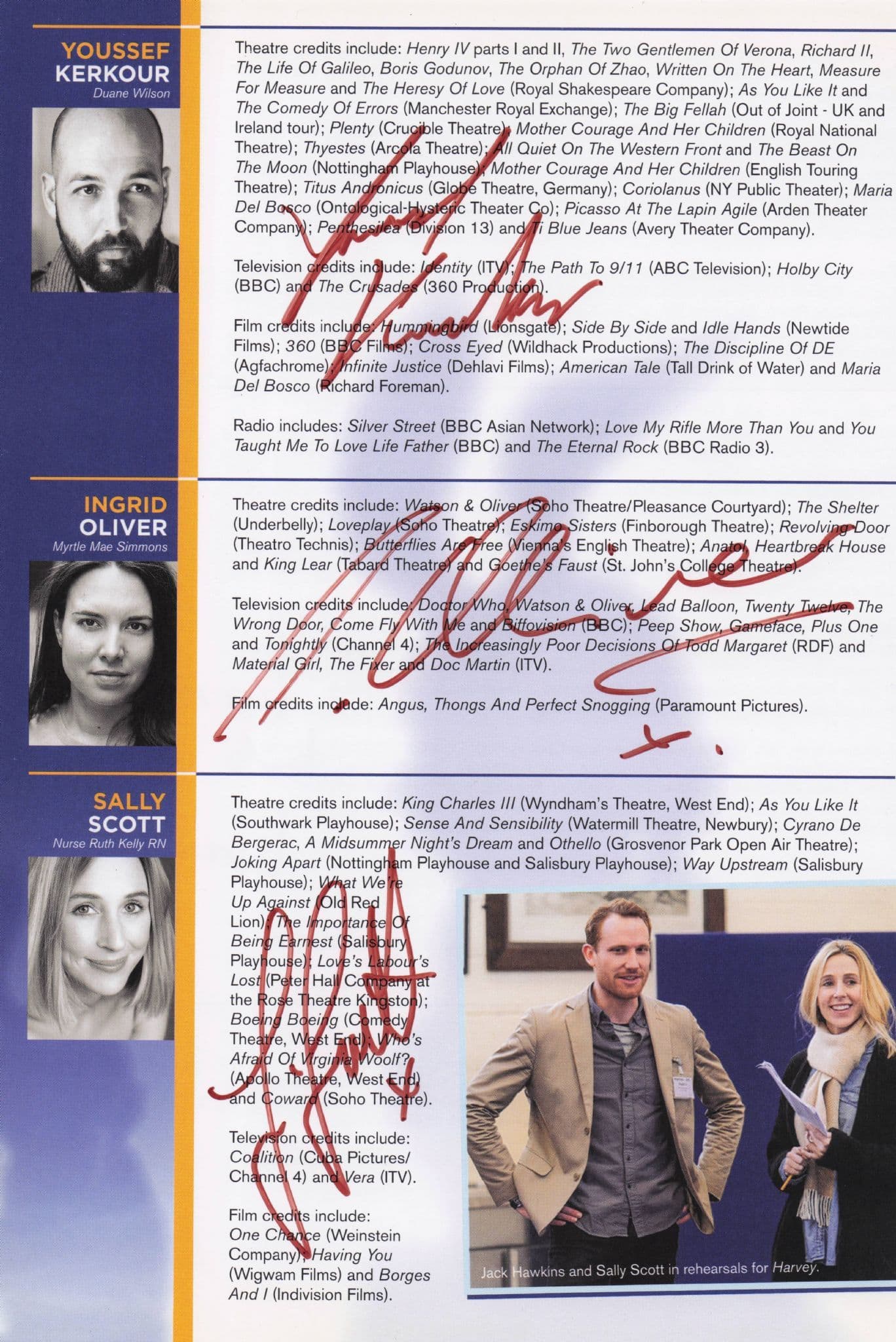 Youssef Kerkour Ingrid Oliver Linal Haft Sally Scott Hand Signed Theatre Page