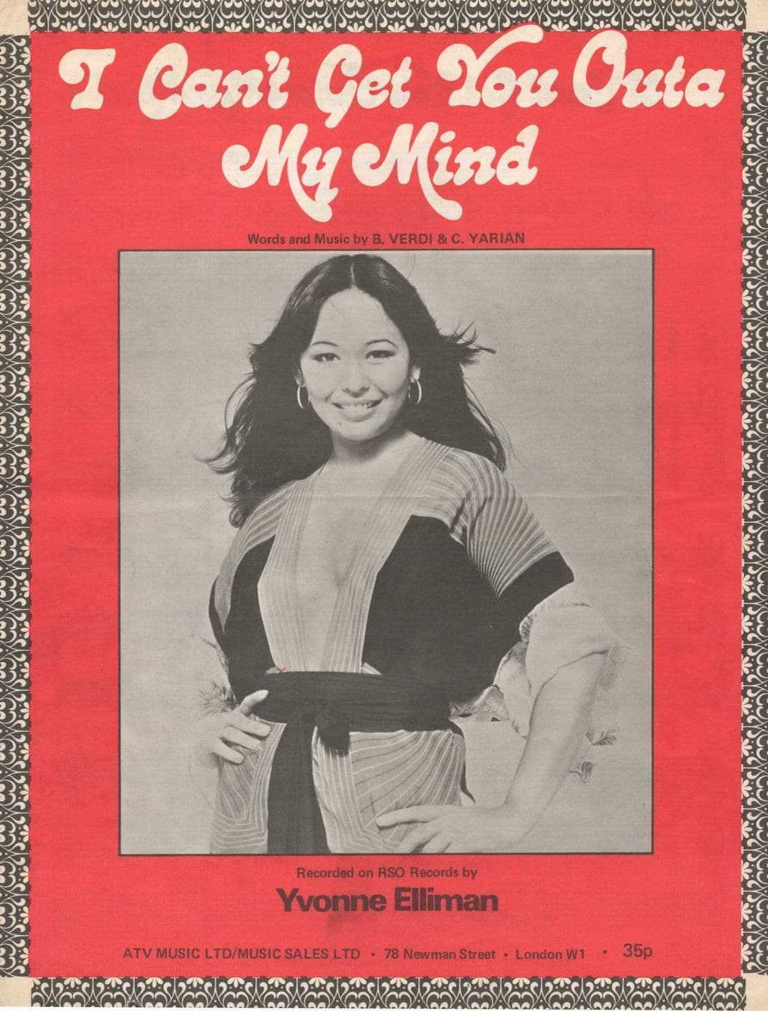 Yvonne Elliman I Can't Get You Outa My Mind Soul 1970s Sheet Music