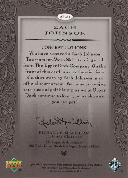 Zach Johnson Authentic Fabrics 2005 SP Golf Upper Deck Worn Shirt Card