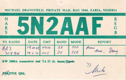 Zaria Nigeria 1960s QSL Amateur Radio Card