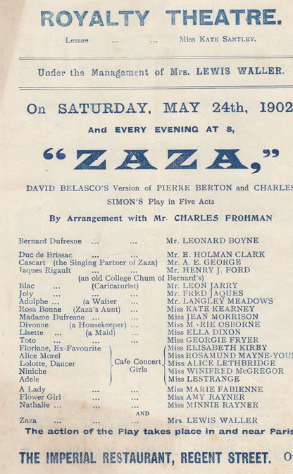 Zaza David Belasco Lewis Waller Royatly London Theatre Programme