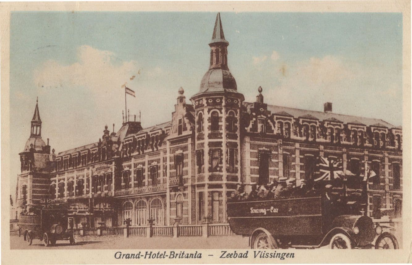 Zeebad Grand Hotel Britania Coach Bus UK Flag Dutch Old Postcard