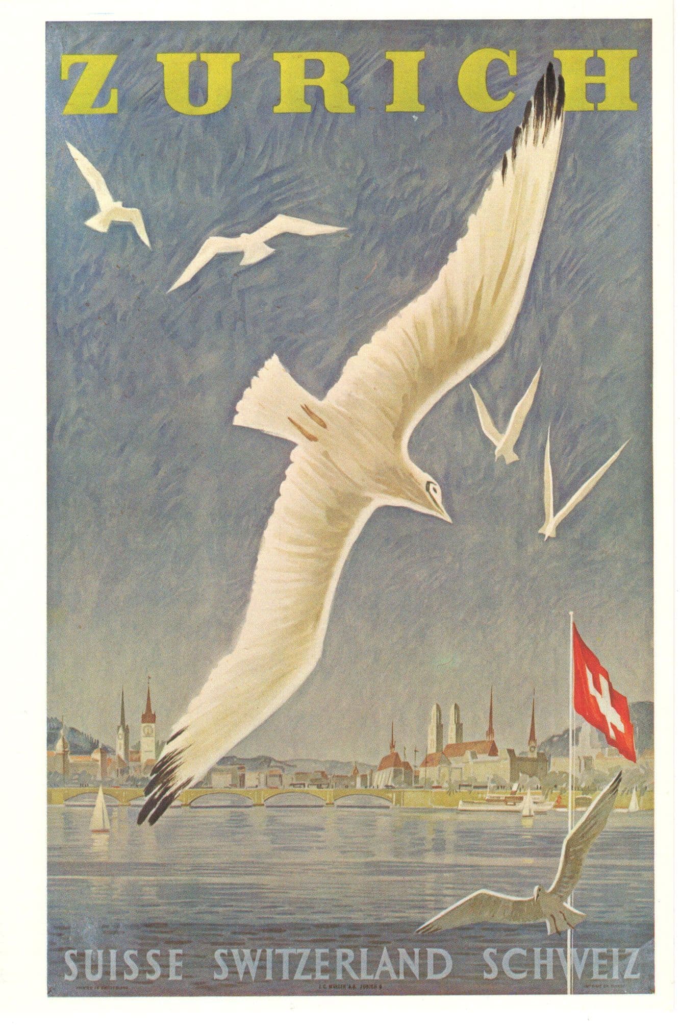 Zurich Bird Swan Swiss Flag River Verkehrsverein In WW2 Poster Postcard