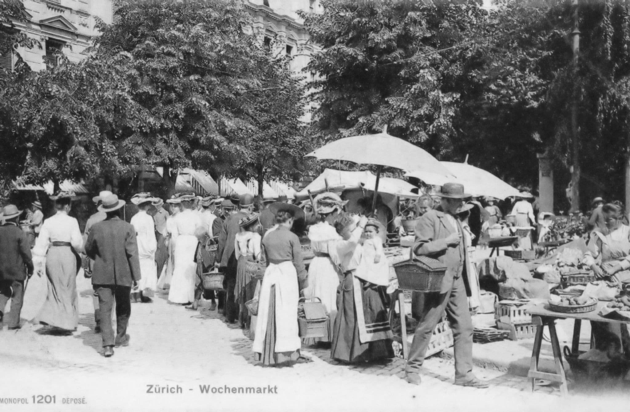 Zurich Market Wochenmarkt Animal Basket Antique Rainy Day Swiss Postcard