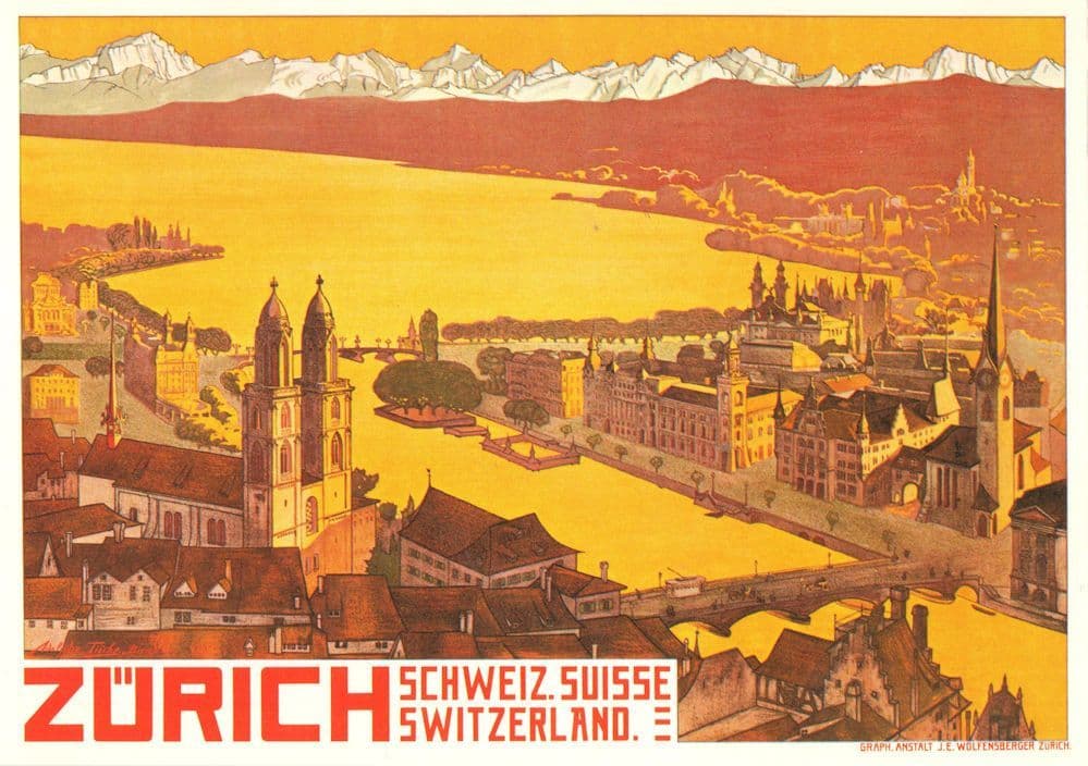 Zurich Switzerland Aerial Adolphe Tieche 1908 Tourism Poster Postcard